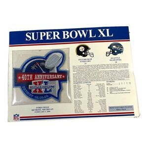 Super Bowl XL 40 Patch Pittsburgh Steelers vs Seattle Willabee & Ward NFL Stats